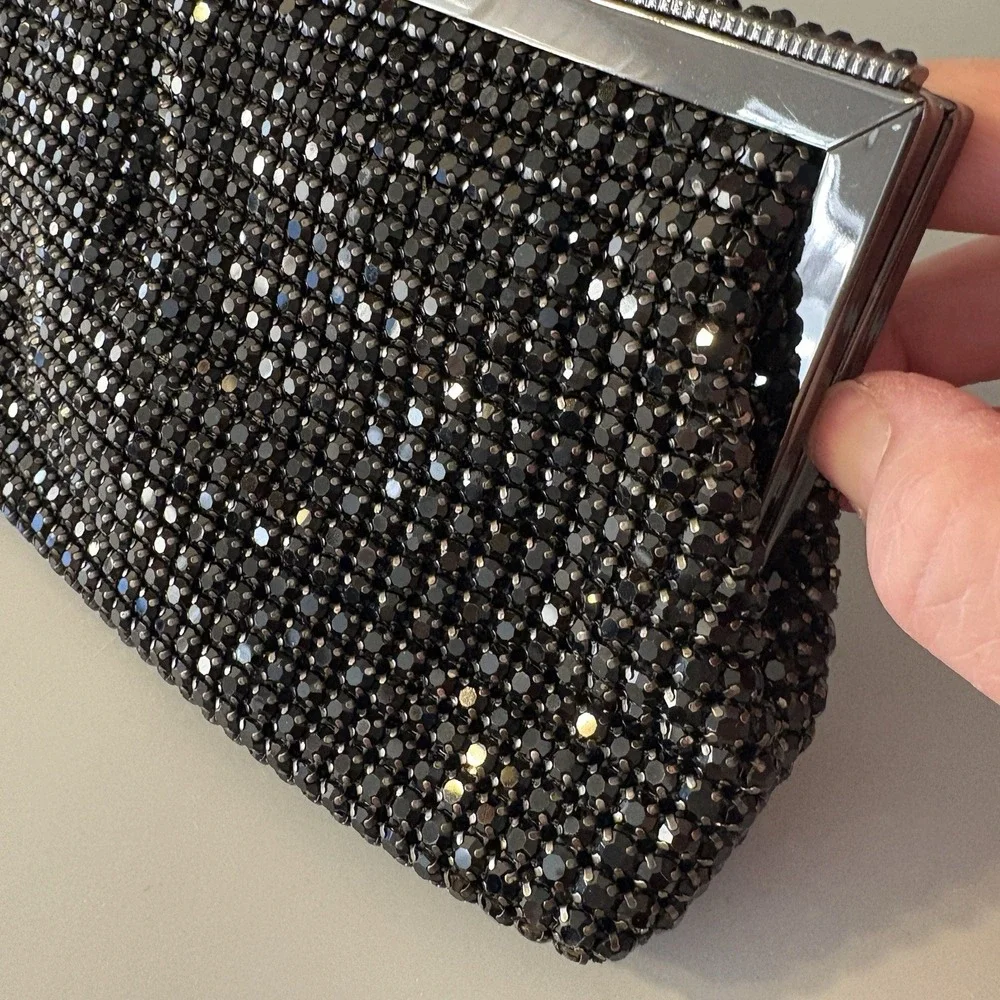 NEW Natasha Crystal Evening Purse Clutch Black Convertible Prong Set Stones